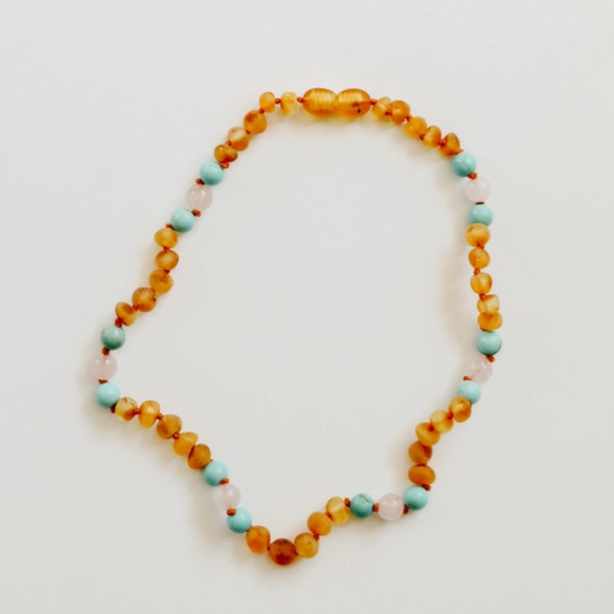 Raw Honey Baltic Amber and Natural Turquoise + Rose Quartz 12" Necklace