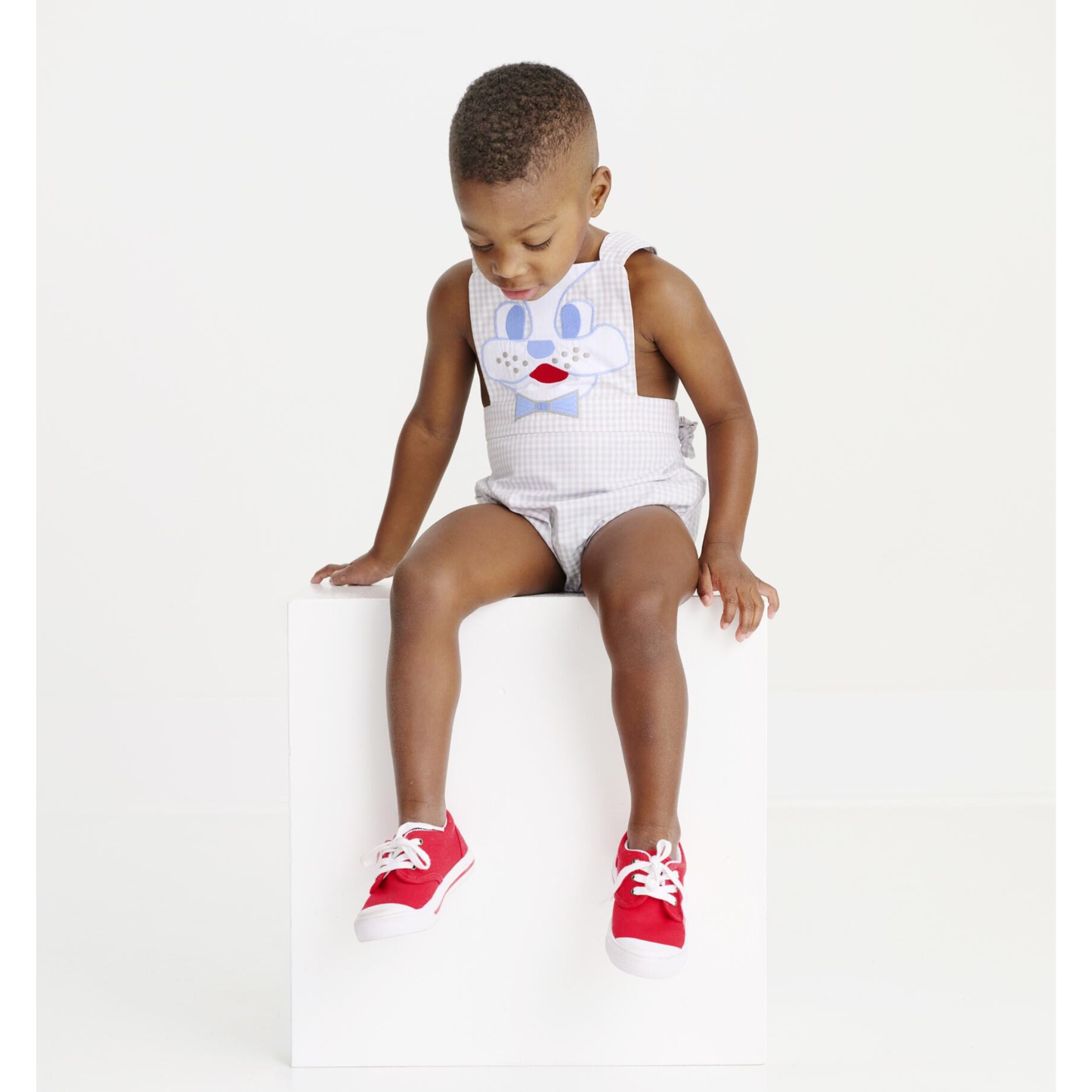 Sayre sunsuit - dog face/grantley gray mini gingham