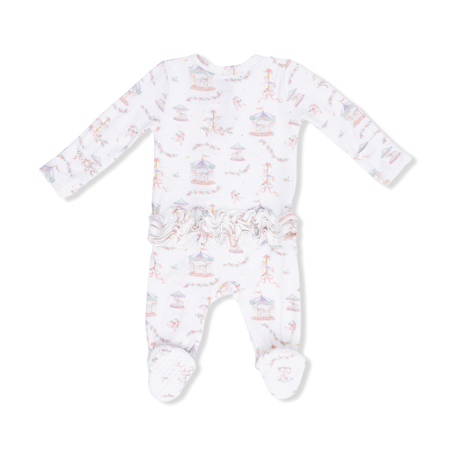Carousel w. bows 2 way ruffle zipper footie