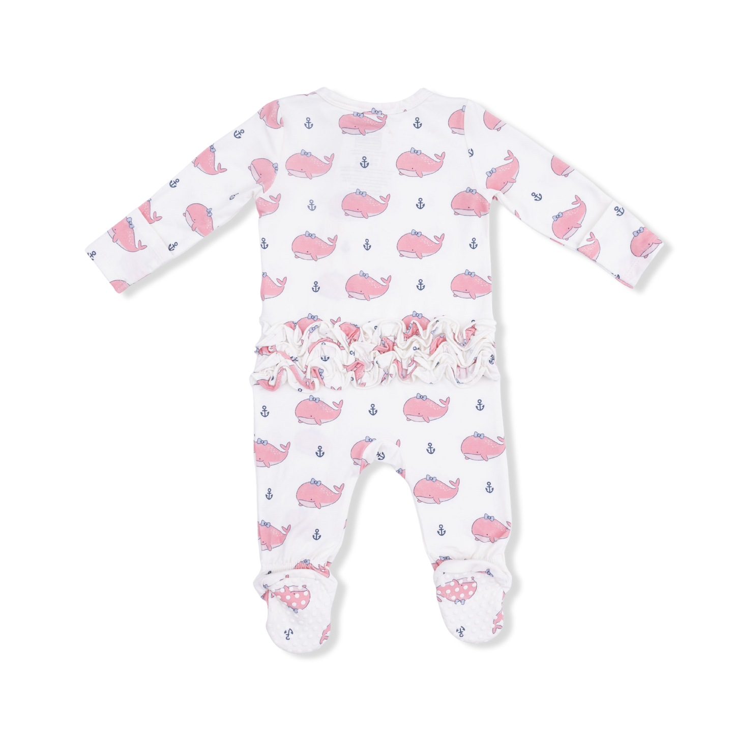 Bubble whale w. pink bows 2 way zipper ruffle footie