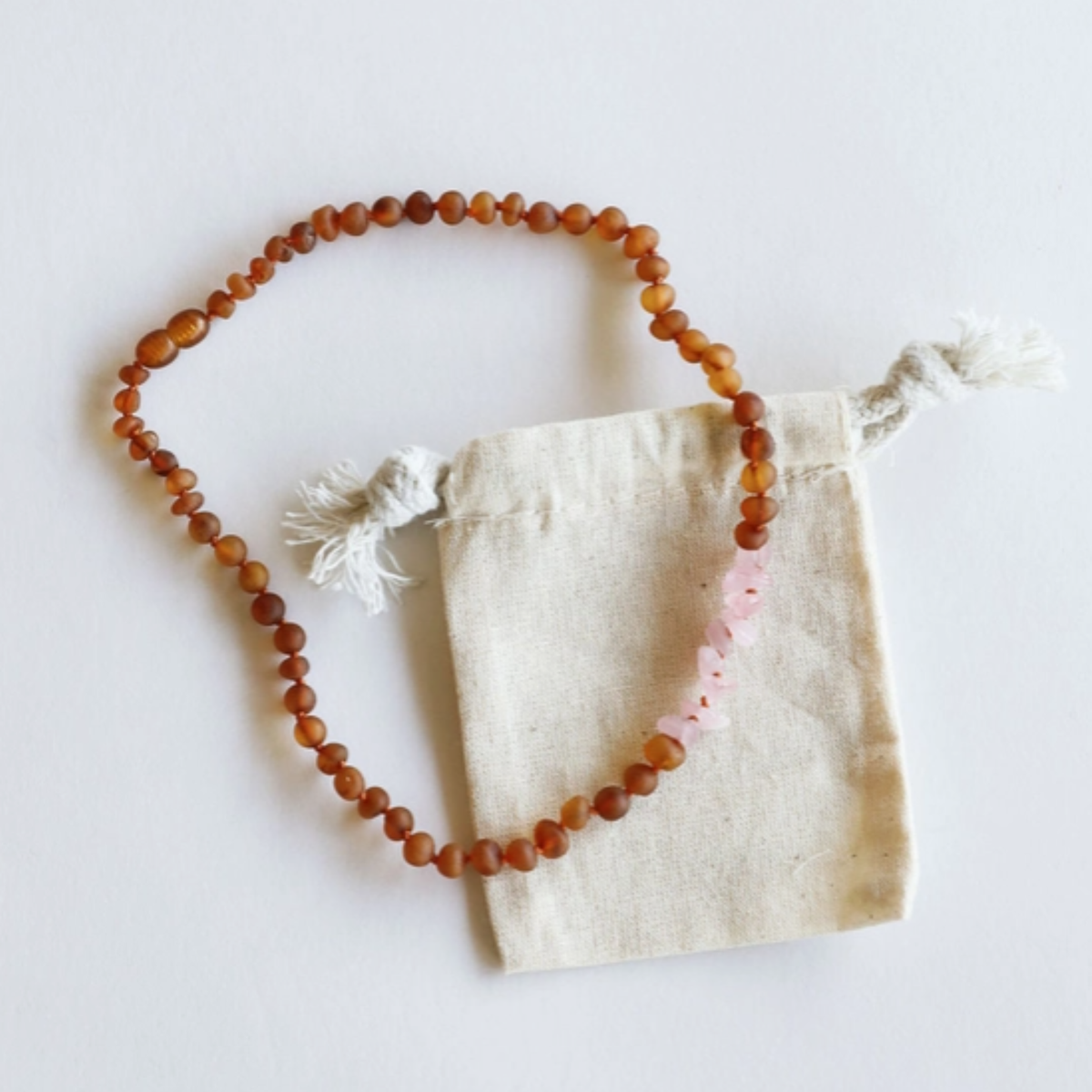 Raw Cognac Baltic Amber + Raw Rose Quartz 12" Necklace