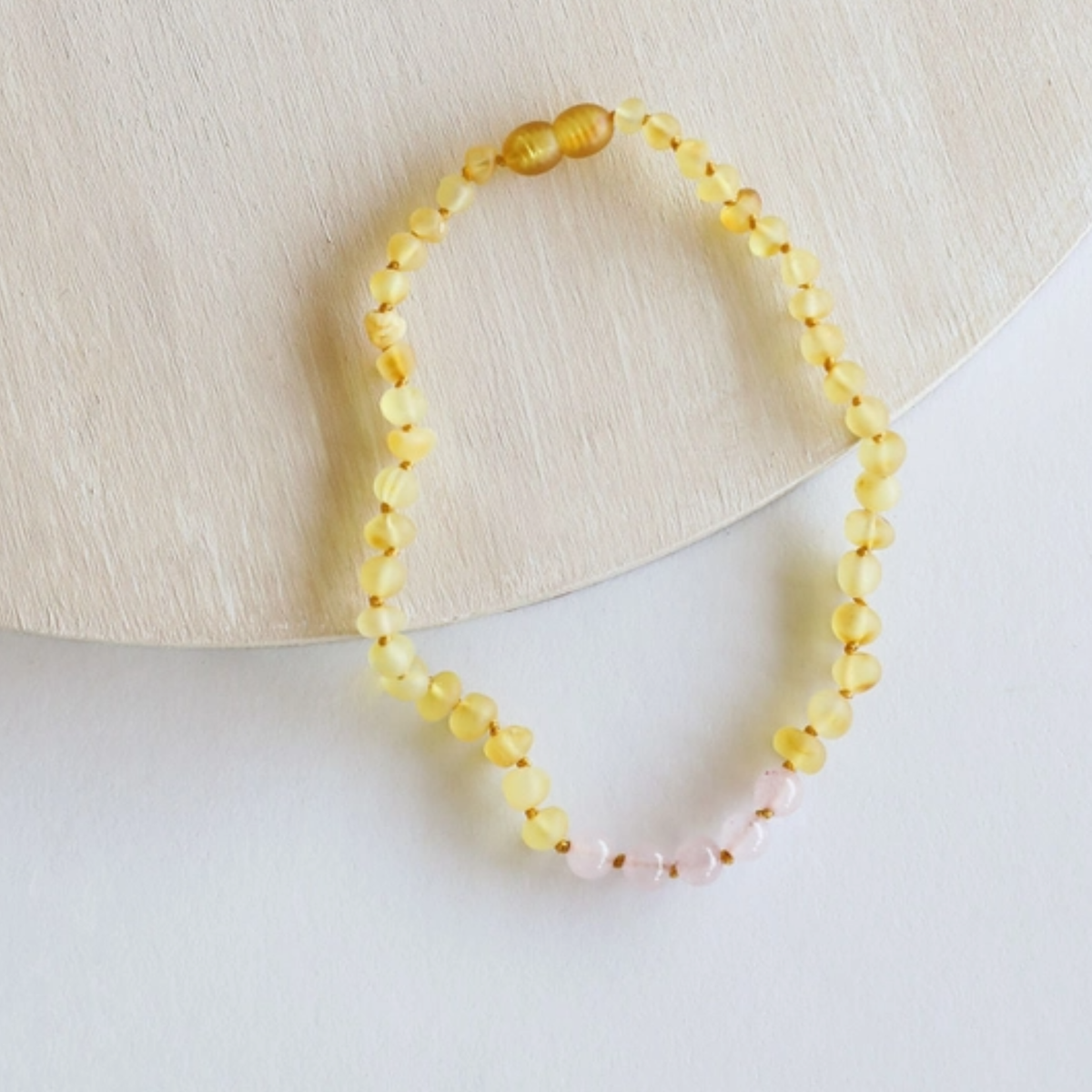 Raw Honey Baltic Amber + Rose Quartz 11" Baby Necklace