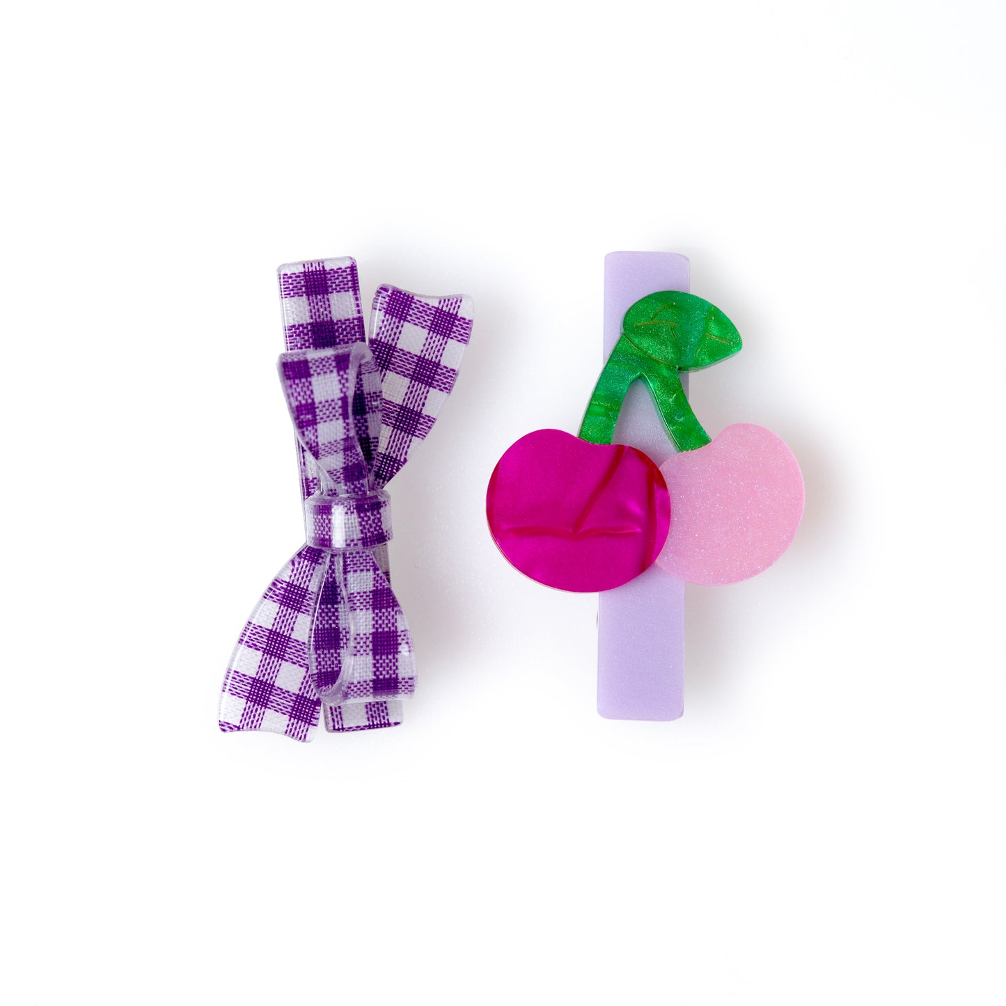 Cherry & purple checkered bow hair clips