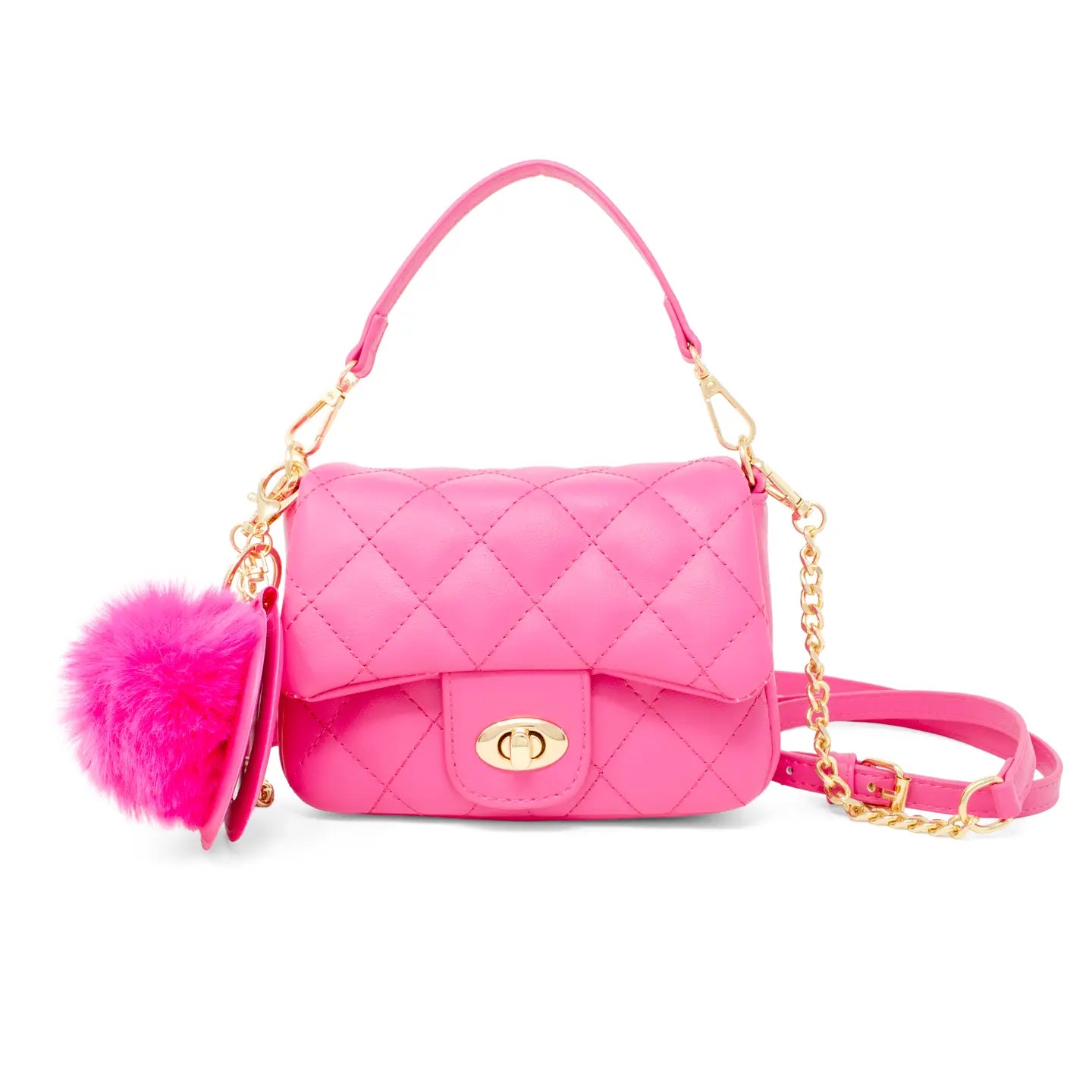 Quilted purse w. mirror & pom pom - hot pink