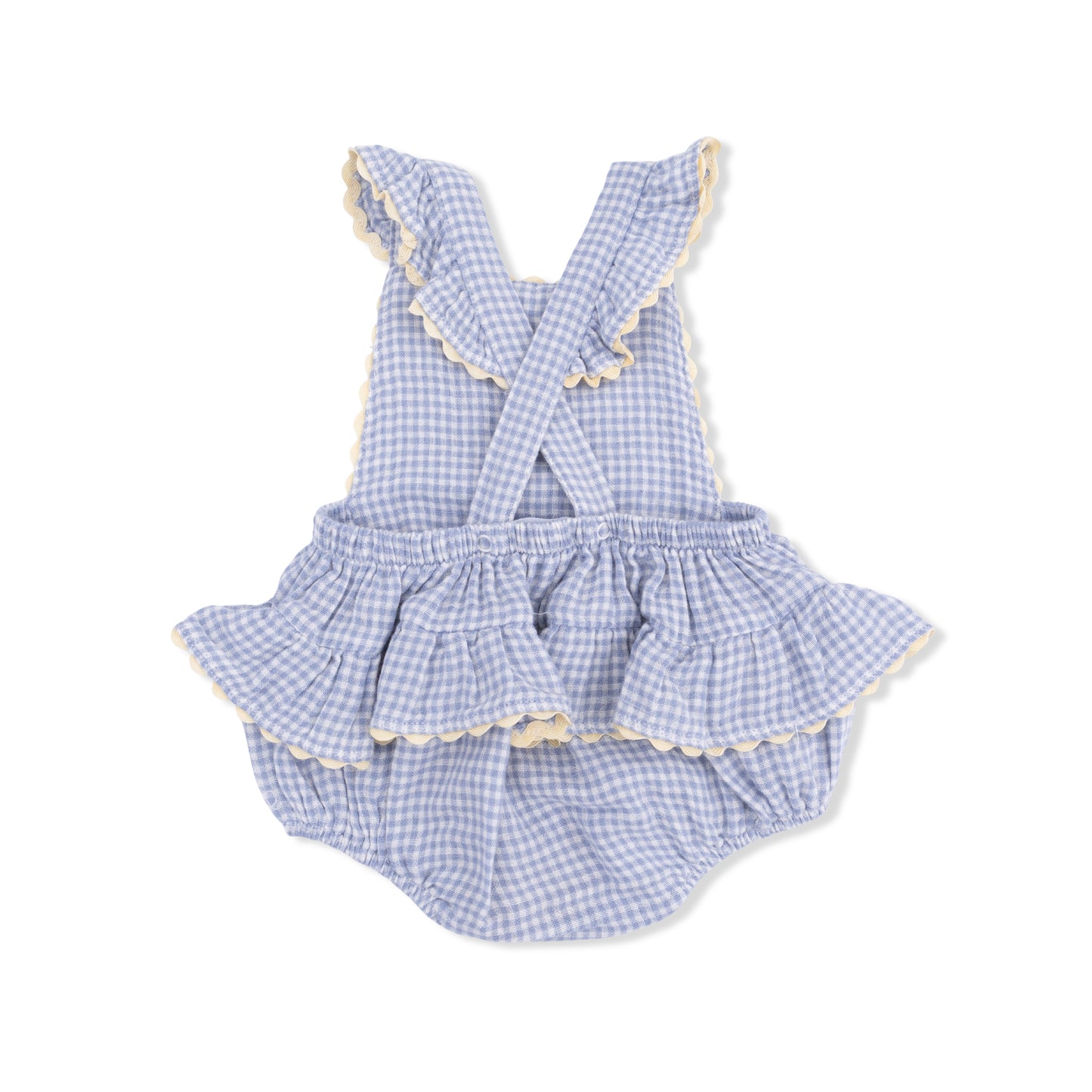 Micro gingham blue blizzard ric rac ruffle sunsuit