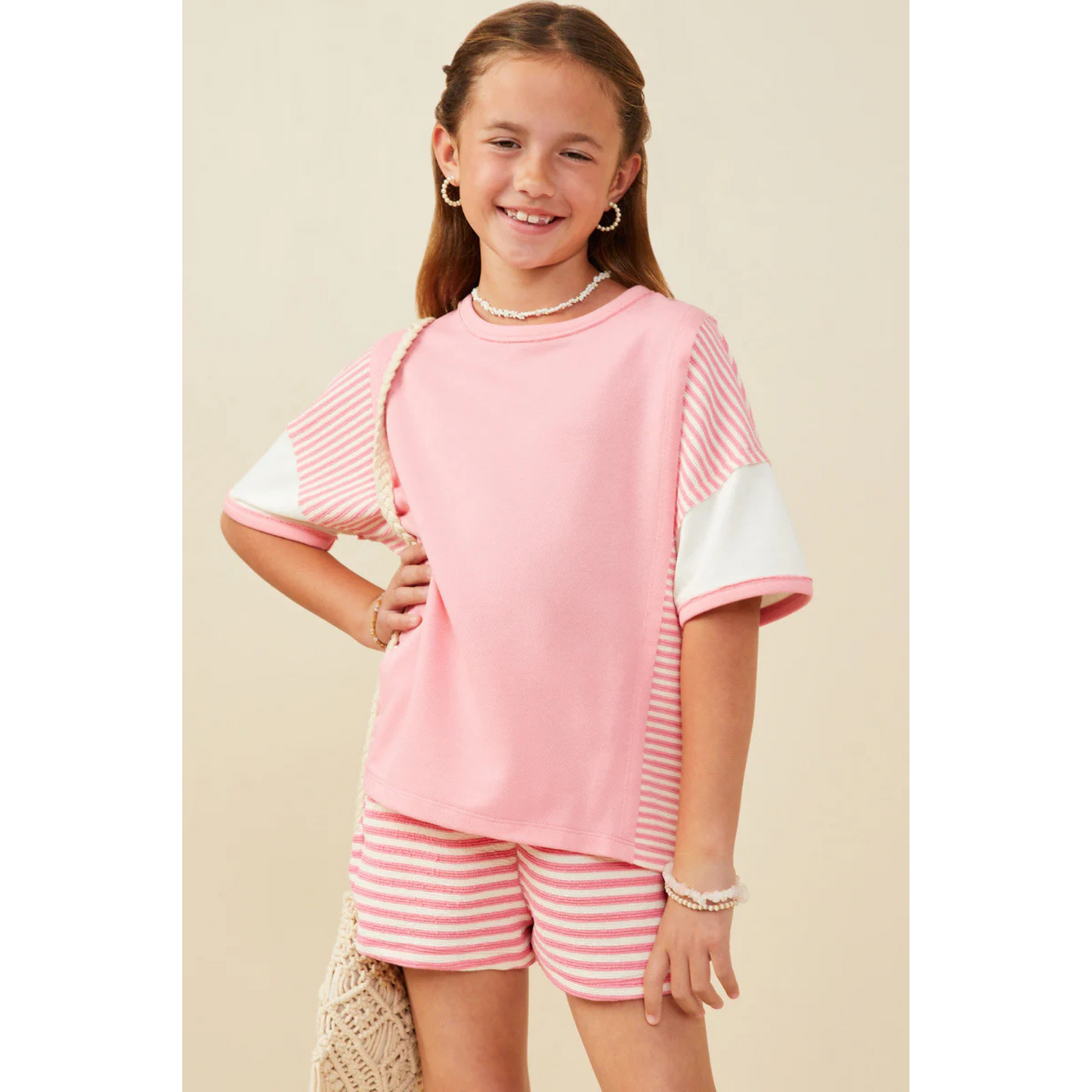 Colorblock stripe insert knit tshirt - pink