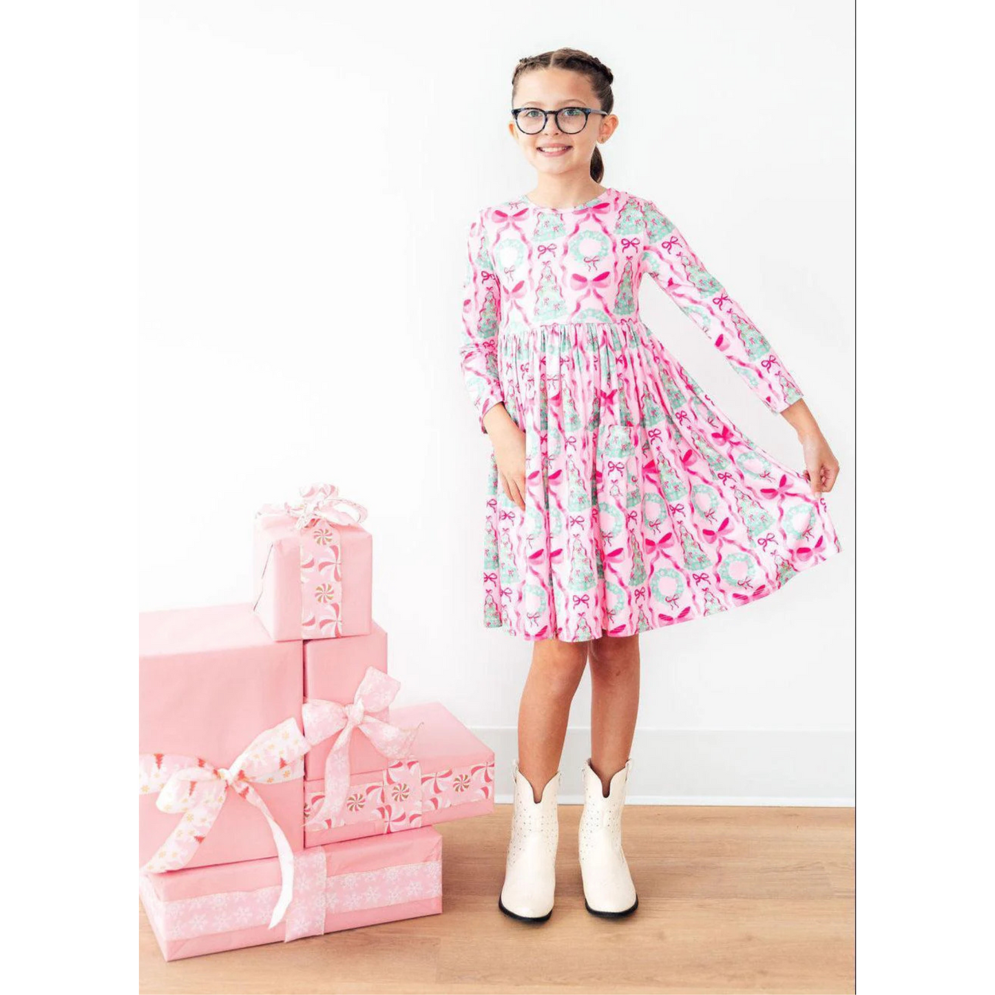 Jingle bows l/s pocket twirl dress
