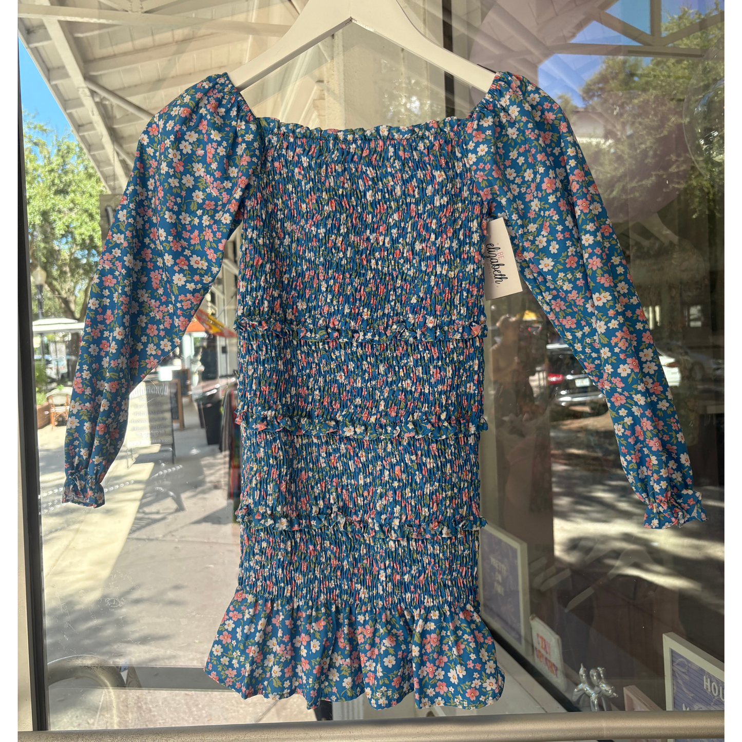 Blue ditsy floral smocked dress