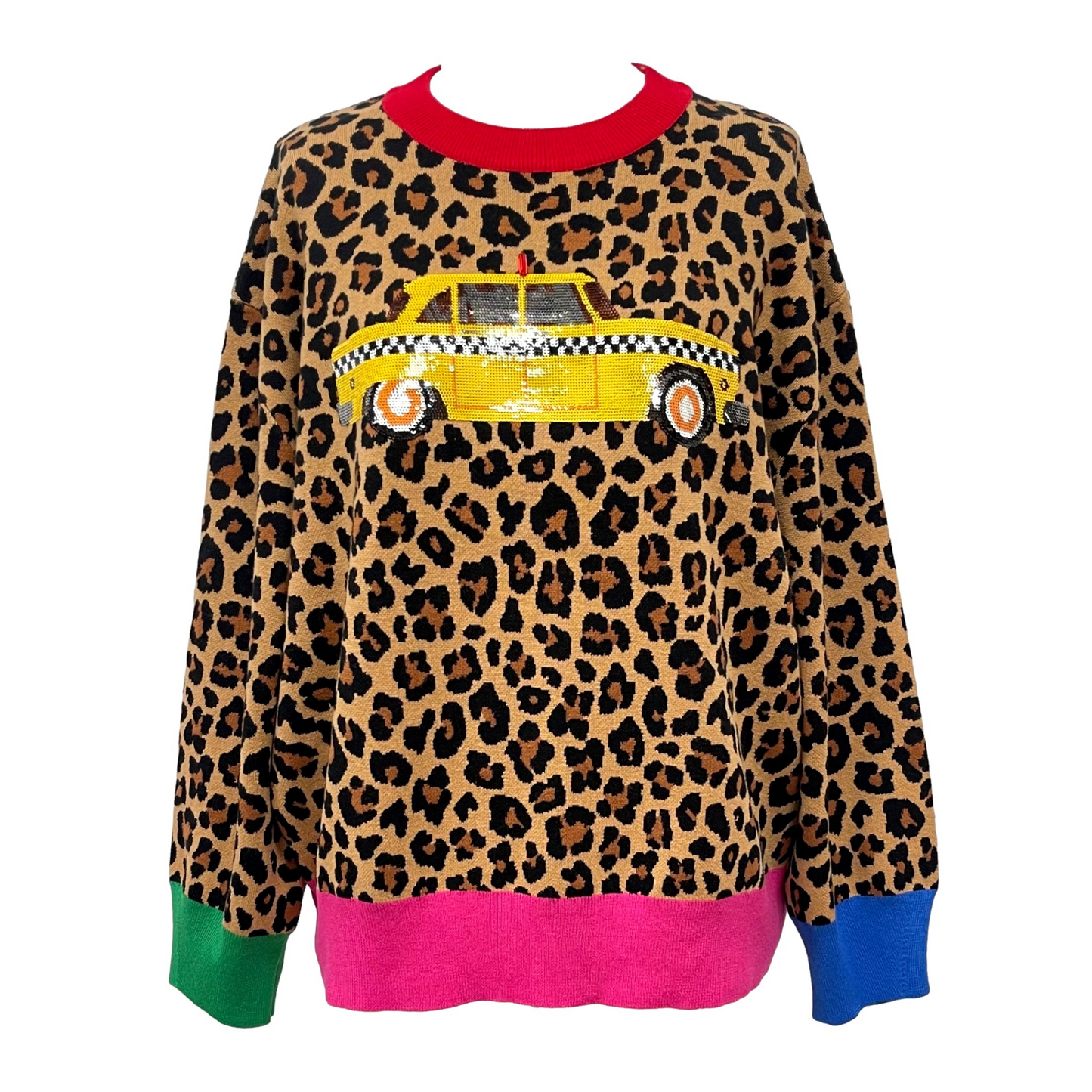 Leopard colorblock trim taxi cab sweater