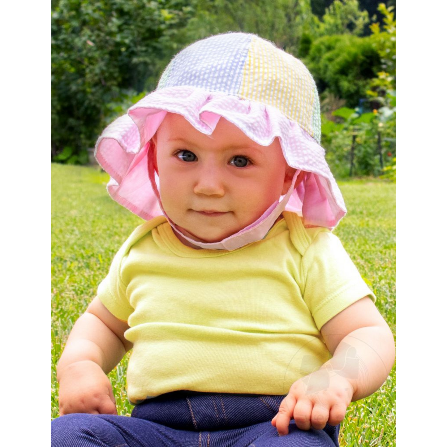 Color block seersucker ruffle brim hat
