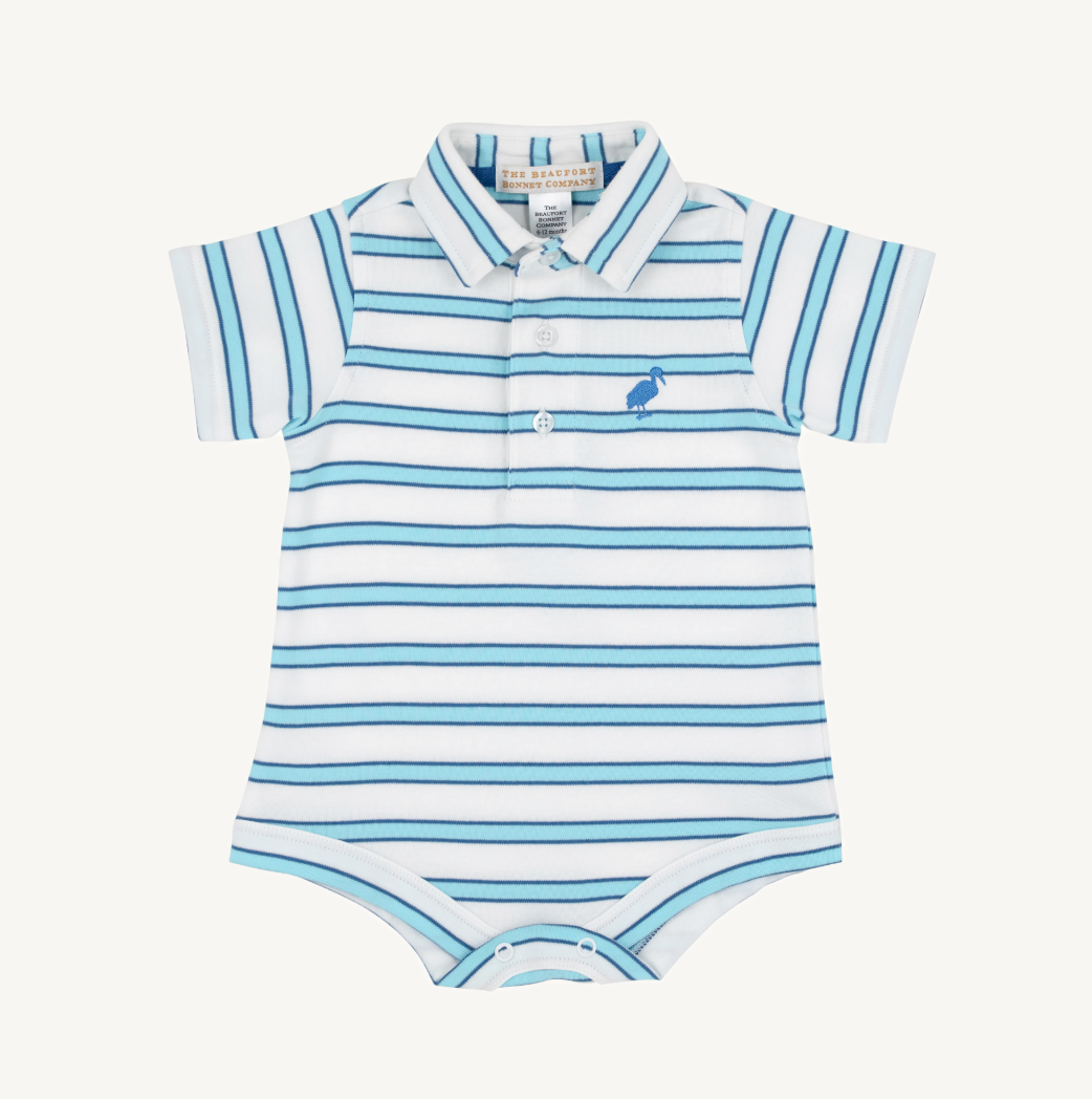 Prim and proper s/s polo onesie - wawhite/belhaven blue stripe