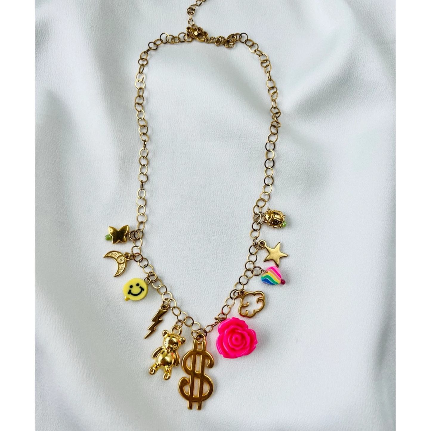 Vintage charm rainbow necklace - pink flower