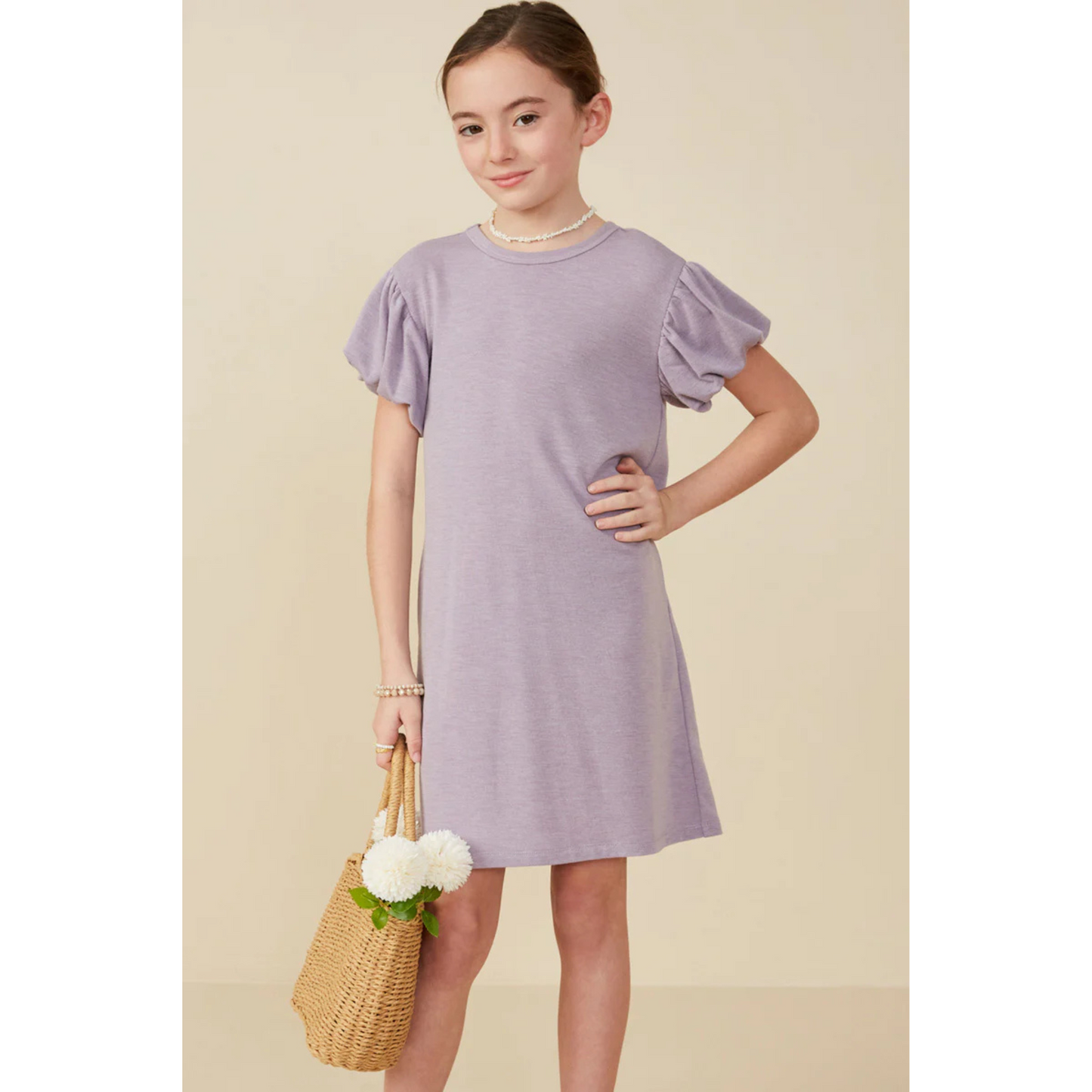 Gathered puff sleeve terry knit dress - lilac
