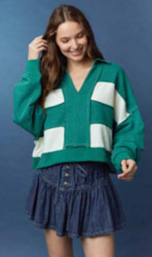 Striped V-neck Crop Sweatshirt