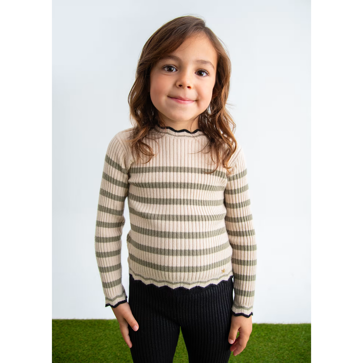 Knit rib turtleneck - beige stripe