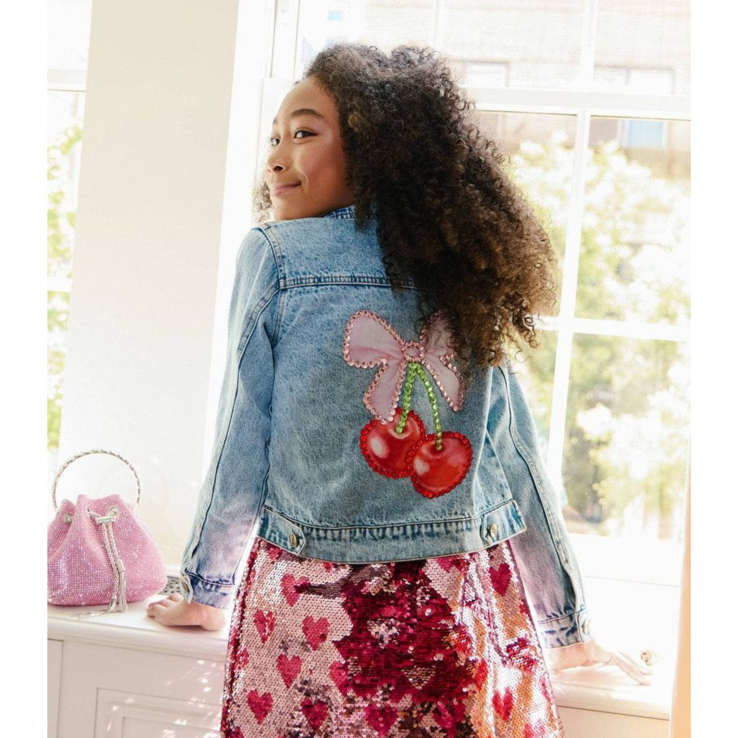 Crystal cherry bow denim jacket