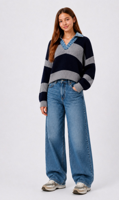 Heather Grey/Navy Stripe Sweater w/ Denim Collar