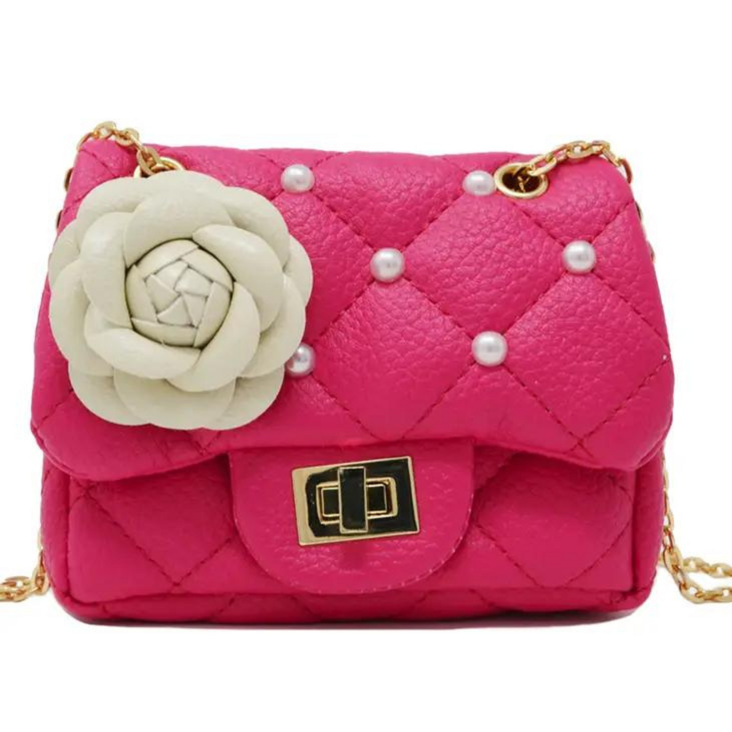 Quilted flower pearl handbag - hot pink