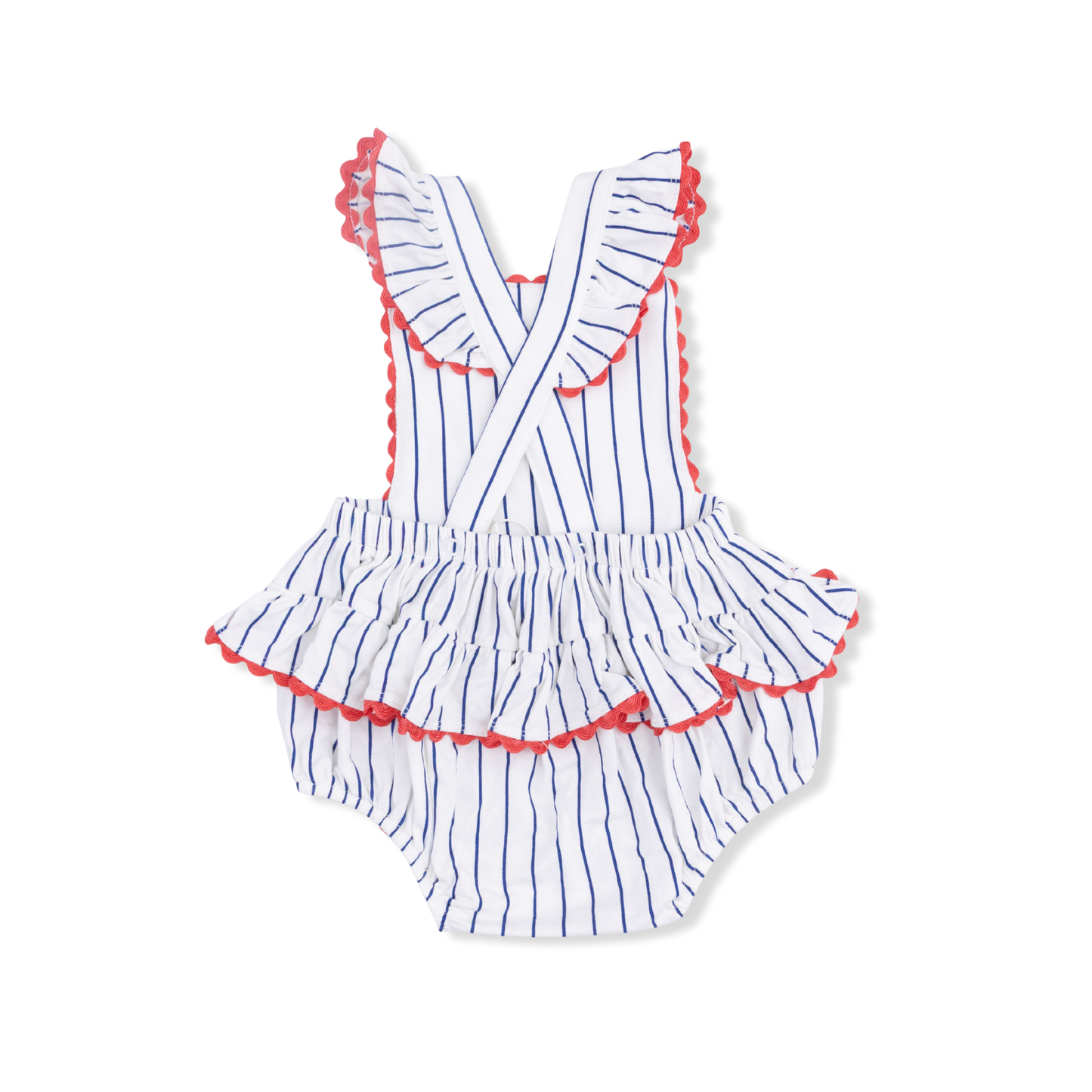 Baseball stripe ric rac ruffle sunsuit