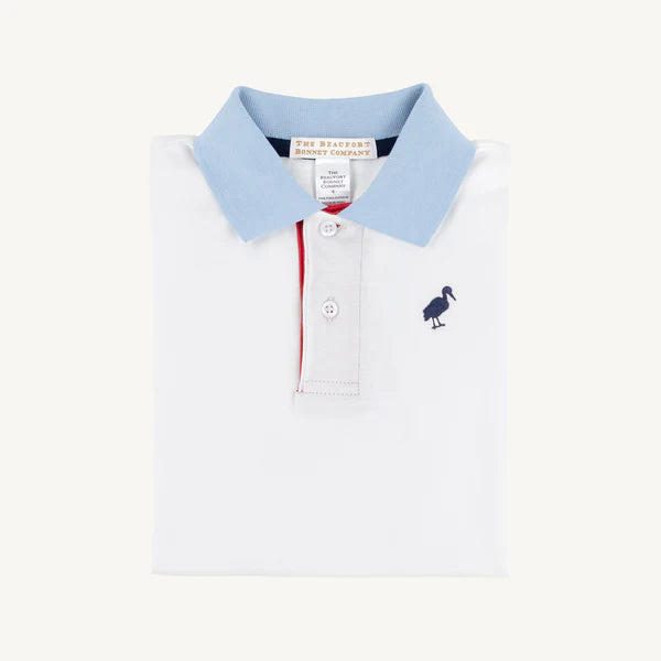 Prim and proper s/s polo onesie - wawhite/bsblue/rred