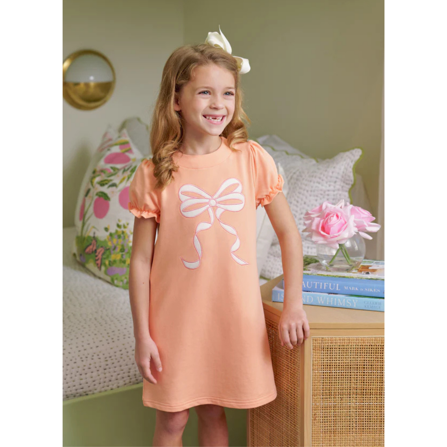 Eliza's applique dress - bow/seashore sherbet