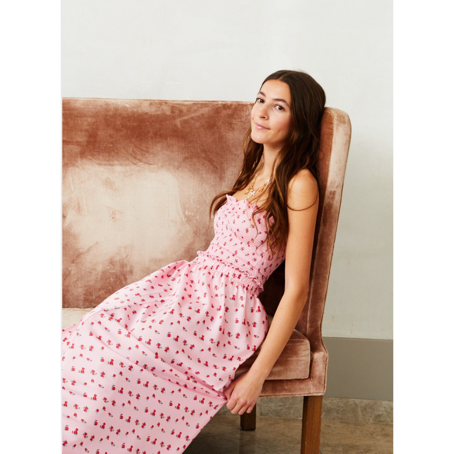 Georgia pink rose satin smocked top