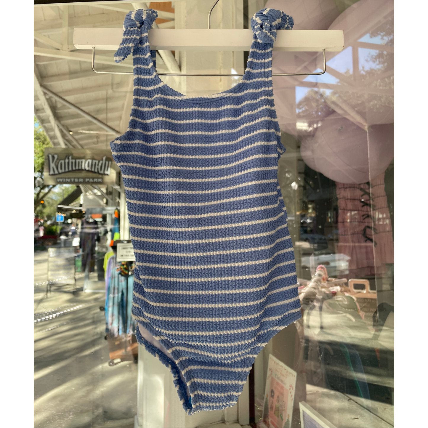 Kaya blue stripe crinkle bow tie one piece