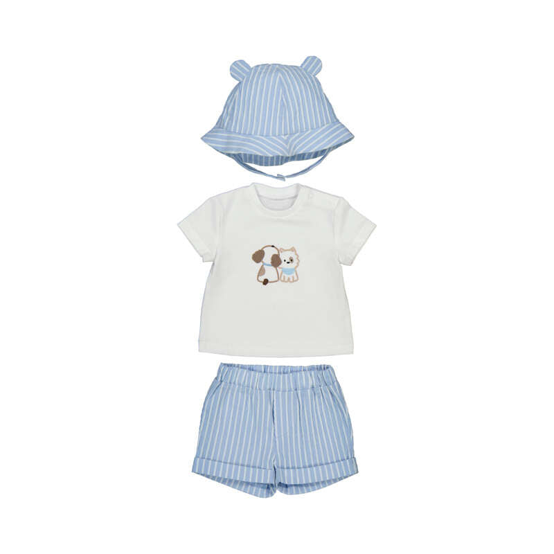 Puppy tshirt & blue striped shorts & hat