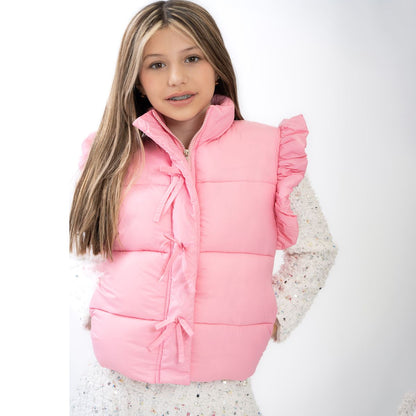 Ruffle puffer vest w. bows - pink