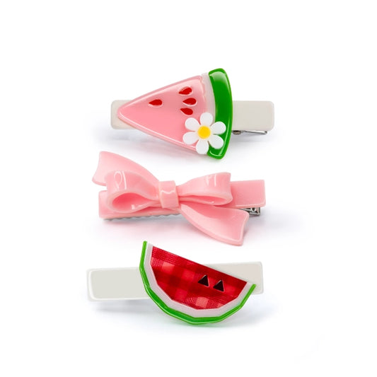 Watermelon and pink bow trio hair clip set