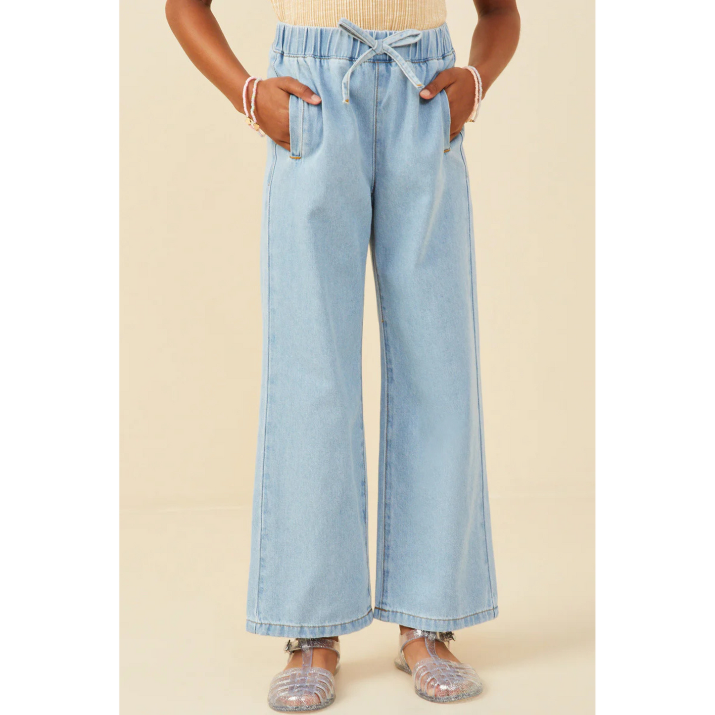 Wide leg drawstring denim pants