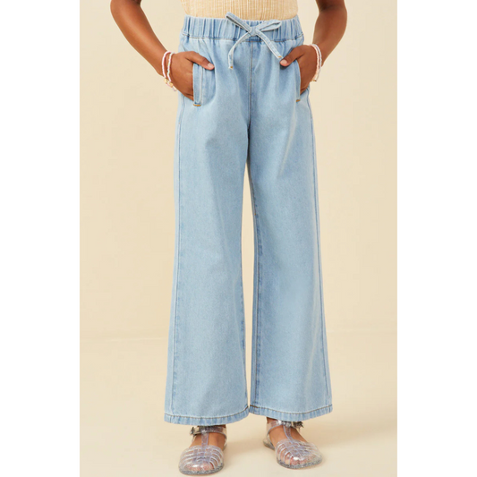 Wide leg drawstring denim pants