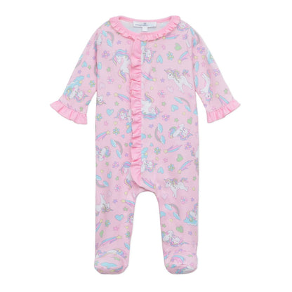 Enchanted unicorns pink ruffle footie