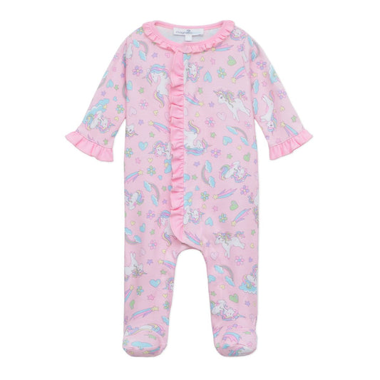 Enchanted unicorns pink ruffle footie