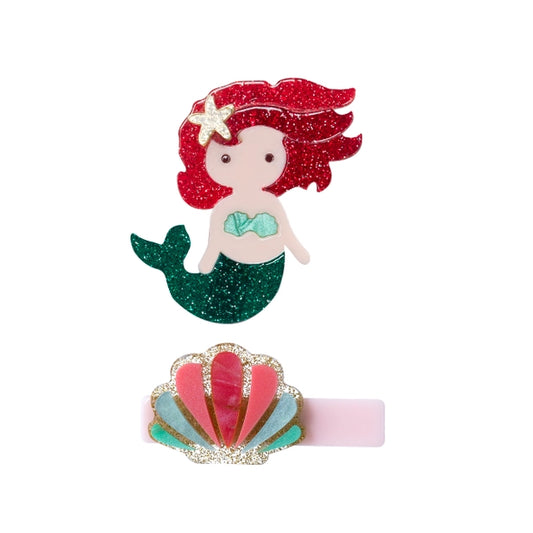 Mermaid underwater glitter red seashell hair clips