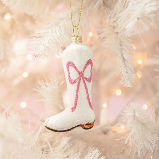 Glitter pink bow cowboy boot ornament