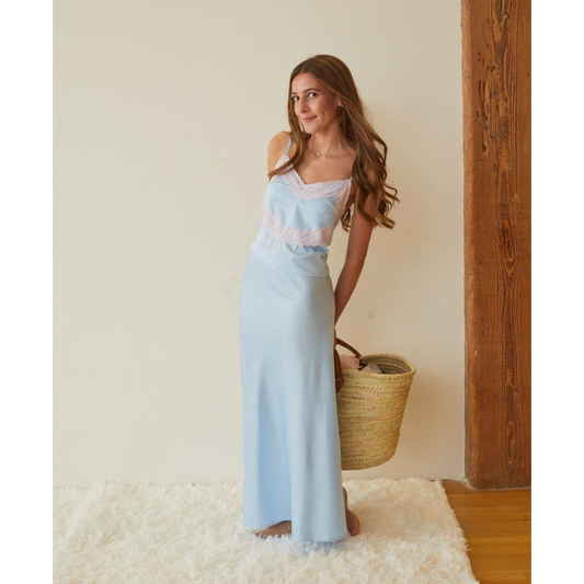 Joey pastel blue satin maxi skirt