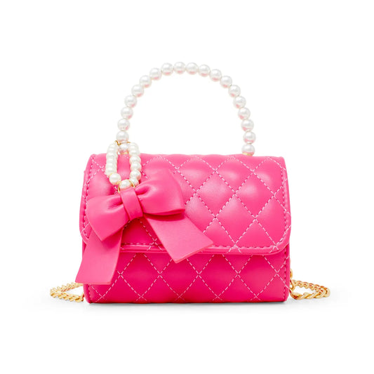 Quilted pearl handle bow ribbon handbag - hot pink