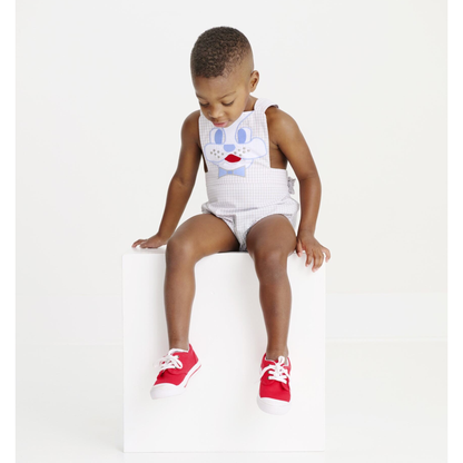 Sayre sunsuit - dog face/grantley gray mini gingham