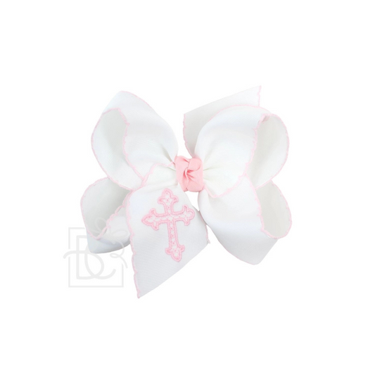 Embroidered cross crochet bow - light pink