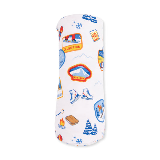 Vintage ski patches swaddle blanket