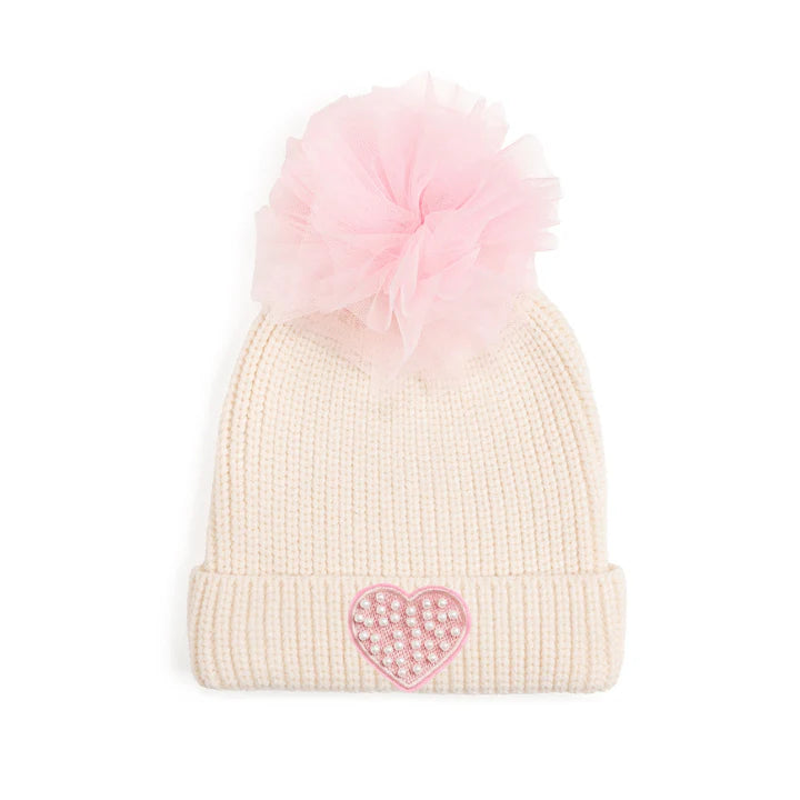 Pearl heart patch pom pom beanie