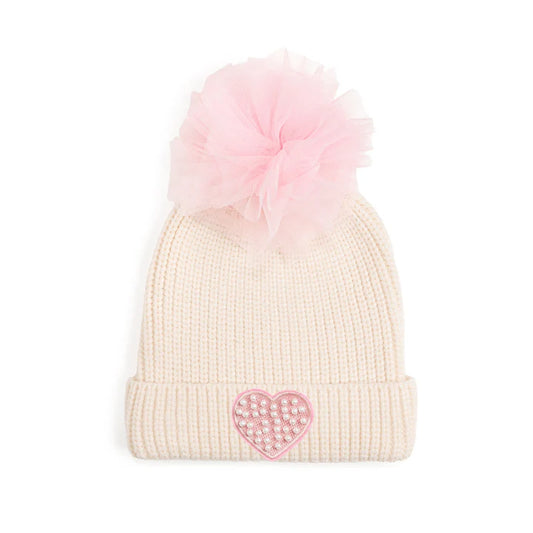 Pearl heart patch pom pom beanie