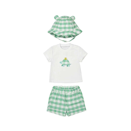 Turtle tshirt & green gingham shorts & hat