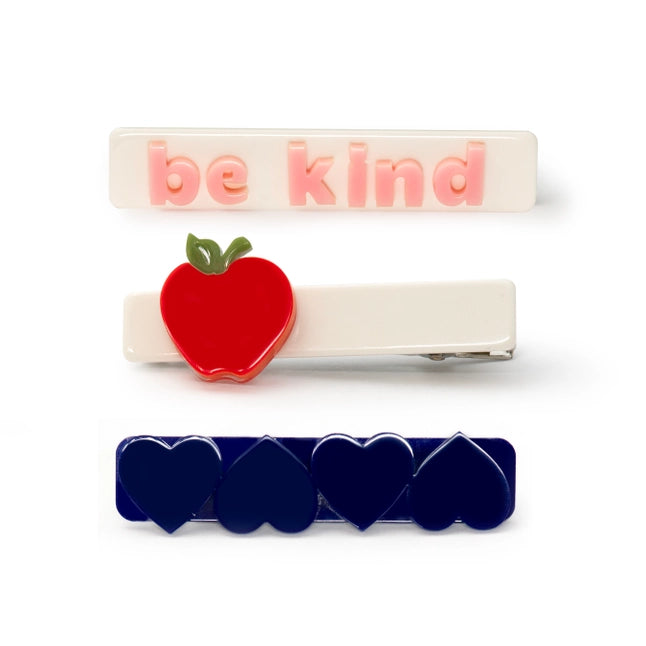 Apple be kind hearts navy hair clips