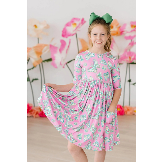 Butterfly garden 3/4 sleeve pocket twirl dress