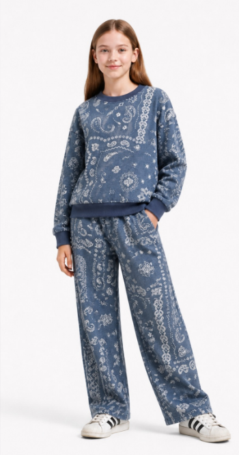 Dark Denim Bandana Print French Terry Wide Leg Pant