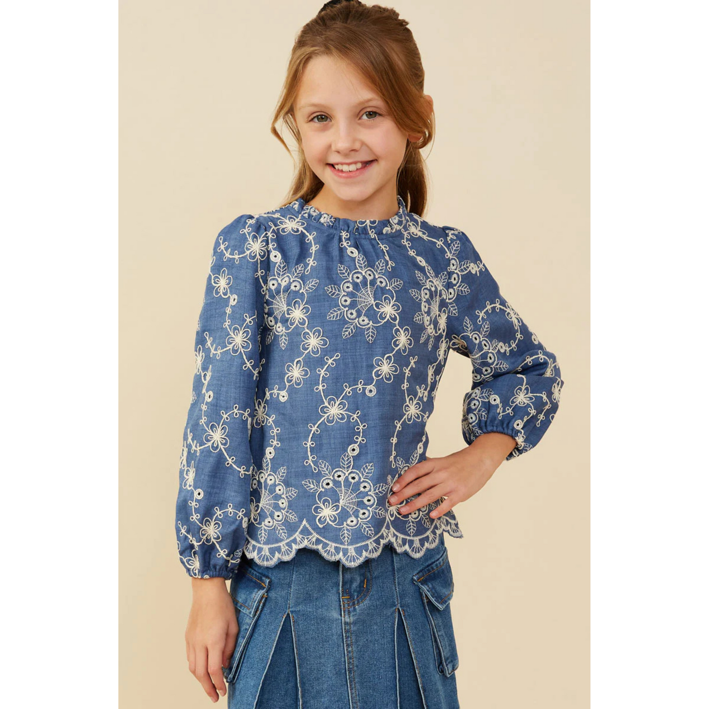 Embroidered scallop hem top