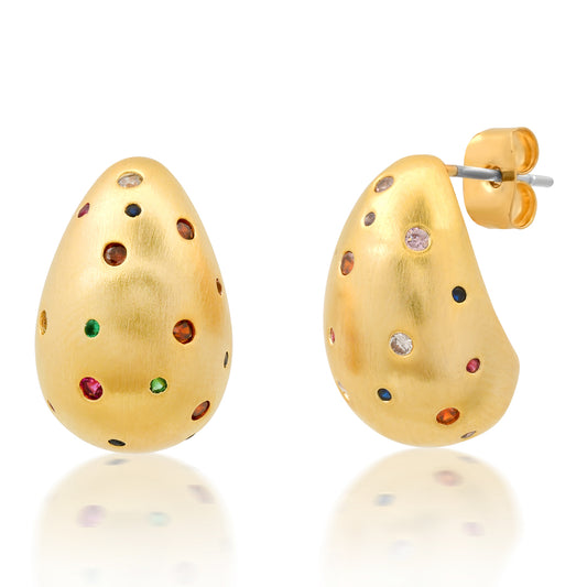 Matte gold puffy teardrop earrings w. stones