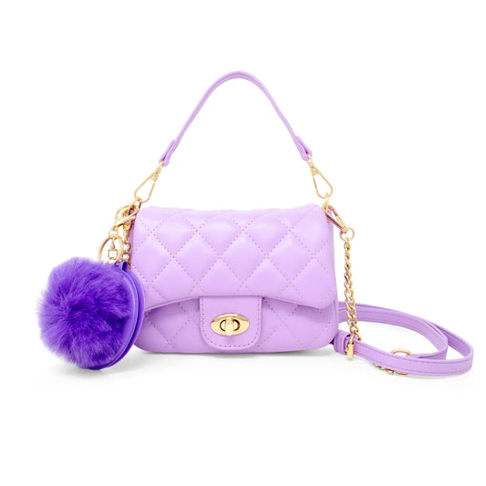 Quilted purse w. mirror & pom pom - purple